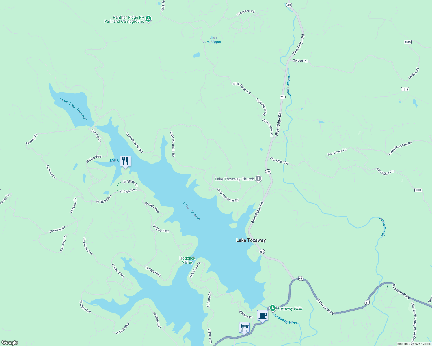 map of restaurants, bars, coffee shops, grocery stores, and more near 21 Hawk Mountain Road in Lake Toxaway