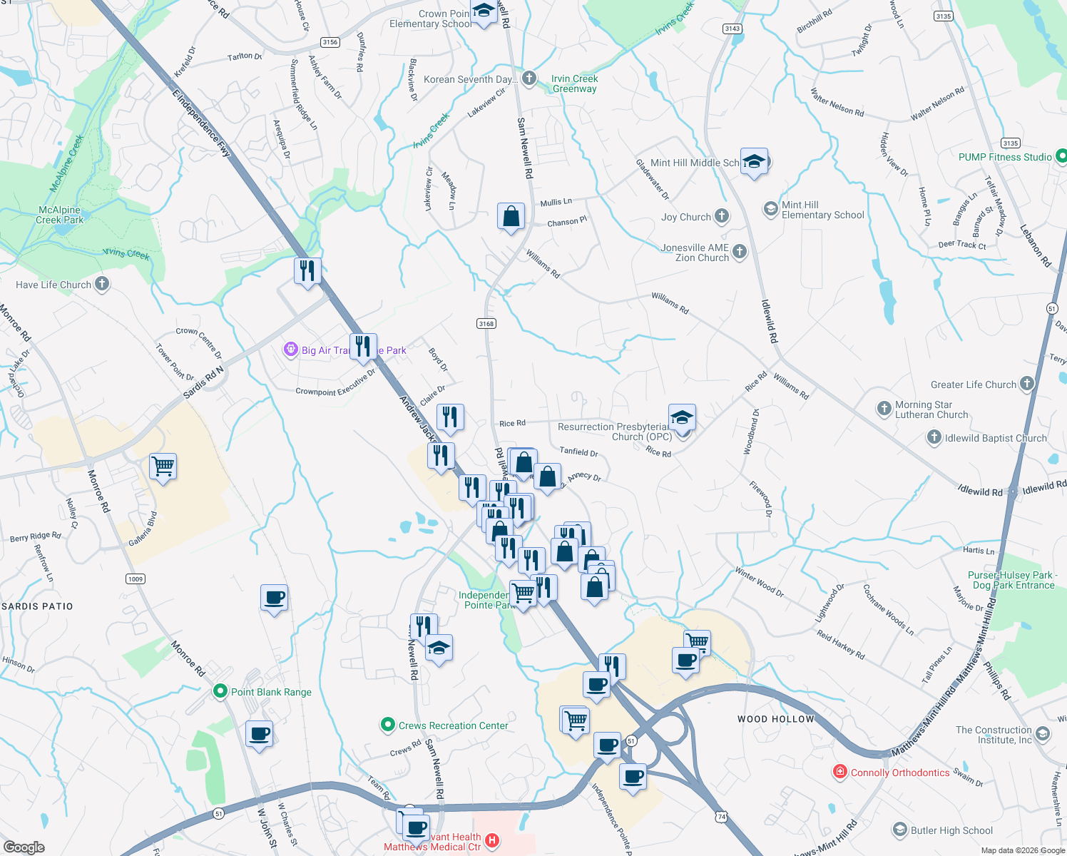 map of restaurants, bars, coffee shops, grocery stores, and more near 2116 Rice Road in Matthews