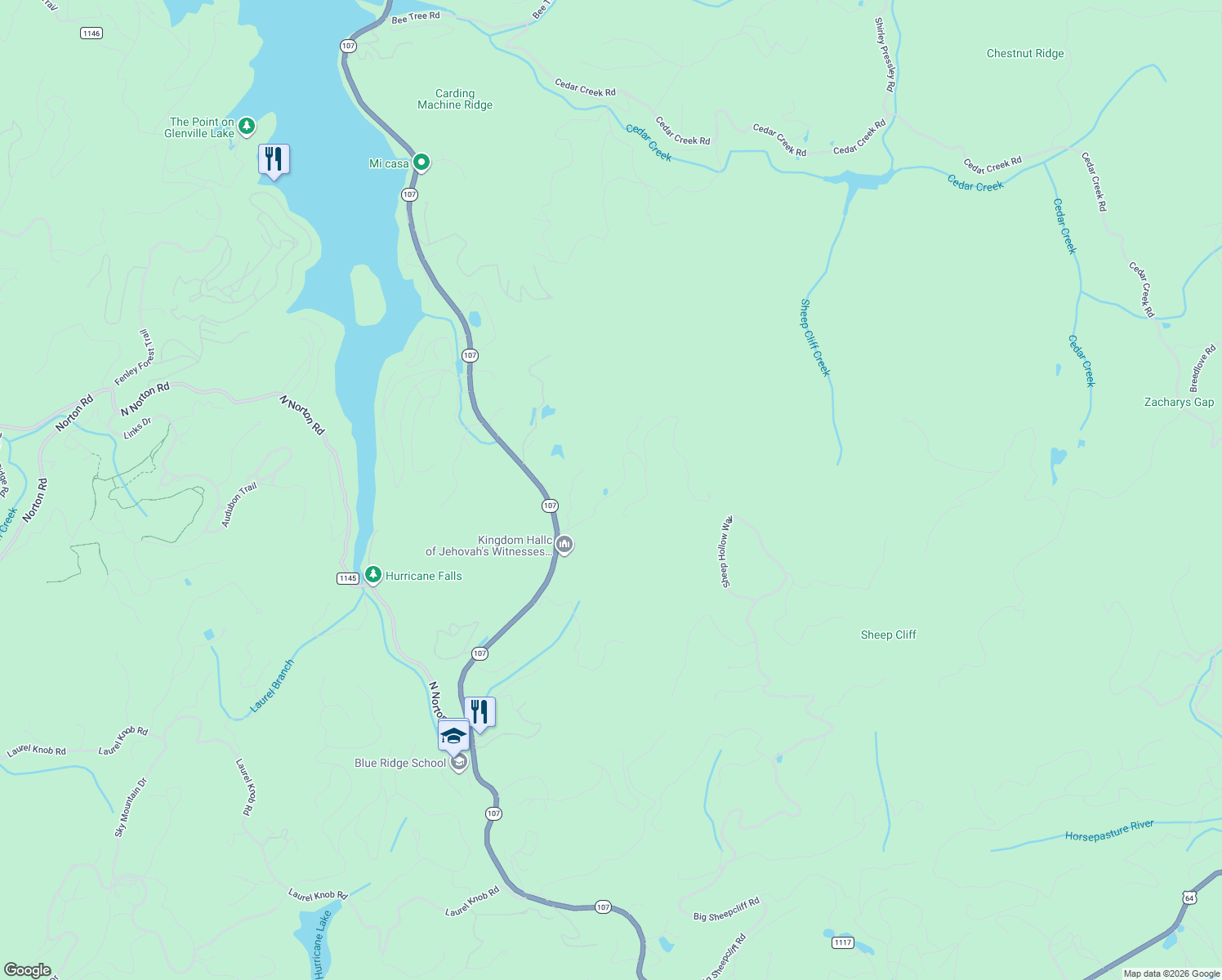 map of restaurants, bars, coffee shops, grocery stores, and more near 229 Dominion Road in Cashiers