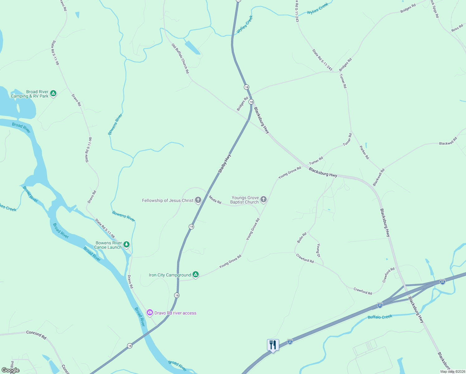 map of restaurants, bars, coffee shops, grocery stores, and more near 174 Moda Road in Blacksburg