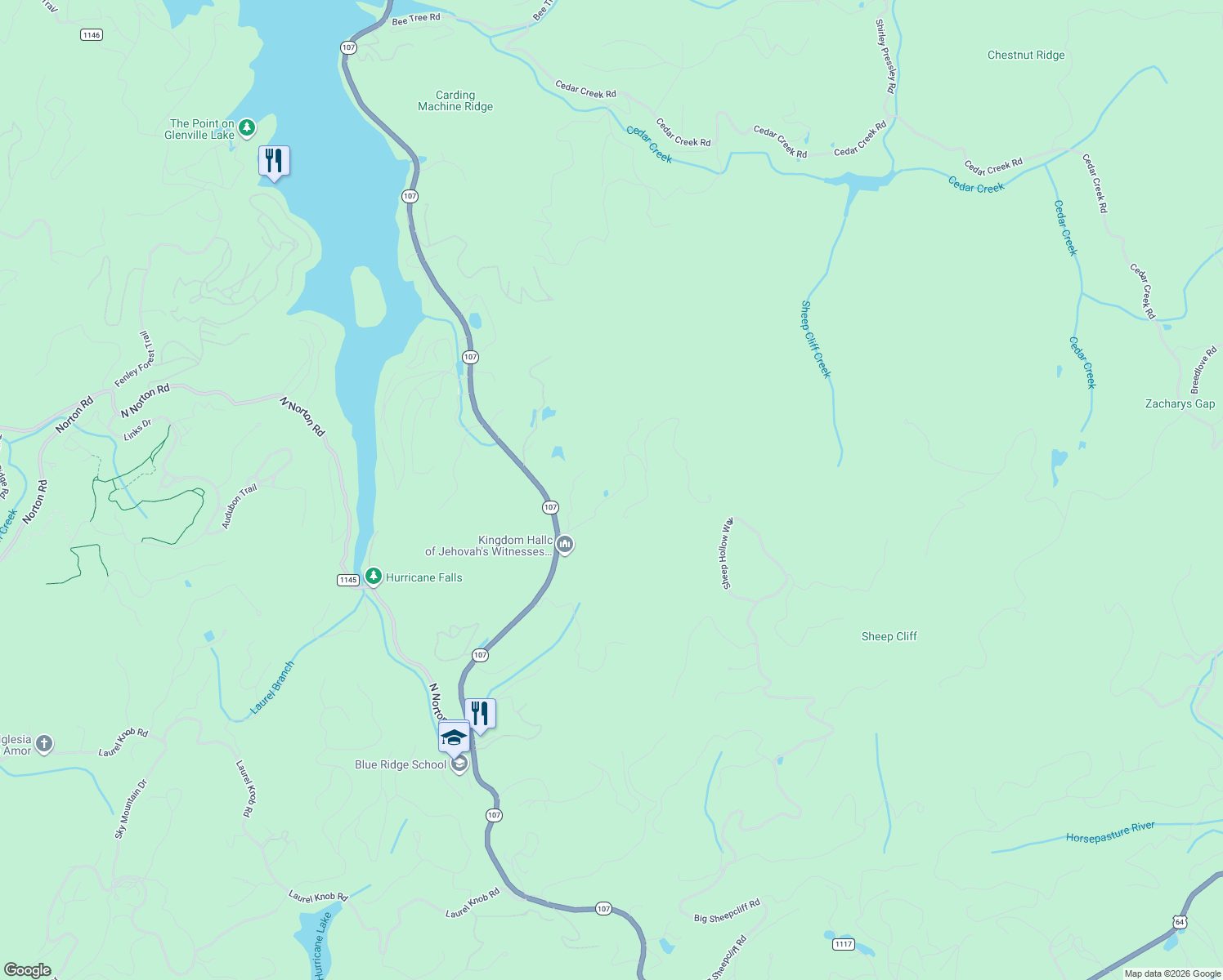 map of restaurants, bars, coffee shops, grocery stores, and more near 229 Dominion Rd in Cashiers