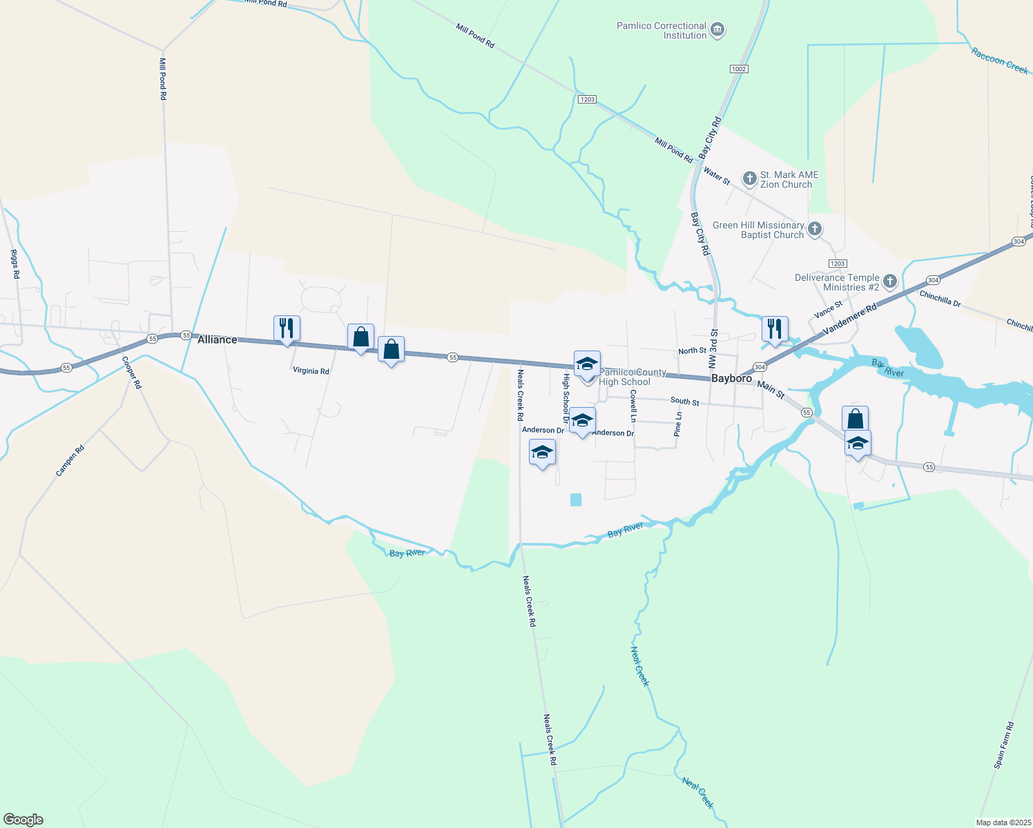 map of restaurants, bars, coffee shops, grocery stores, and more near 210 Neals Creek Road in Bayboro