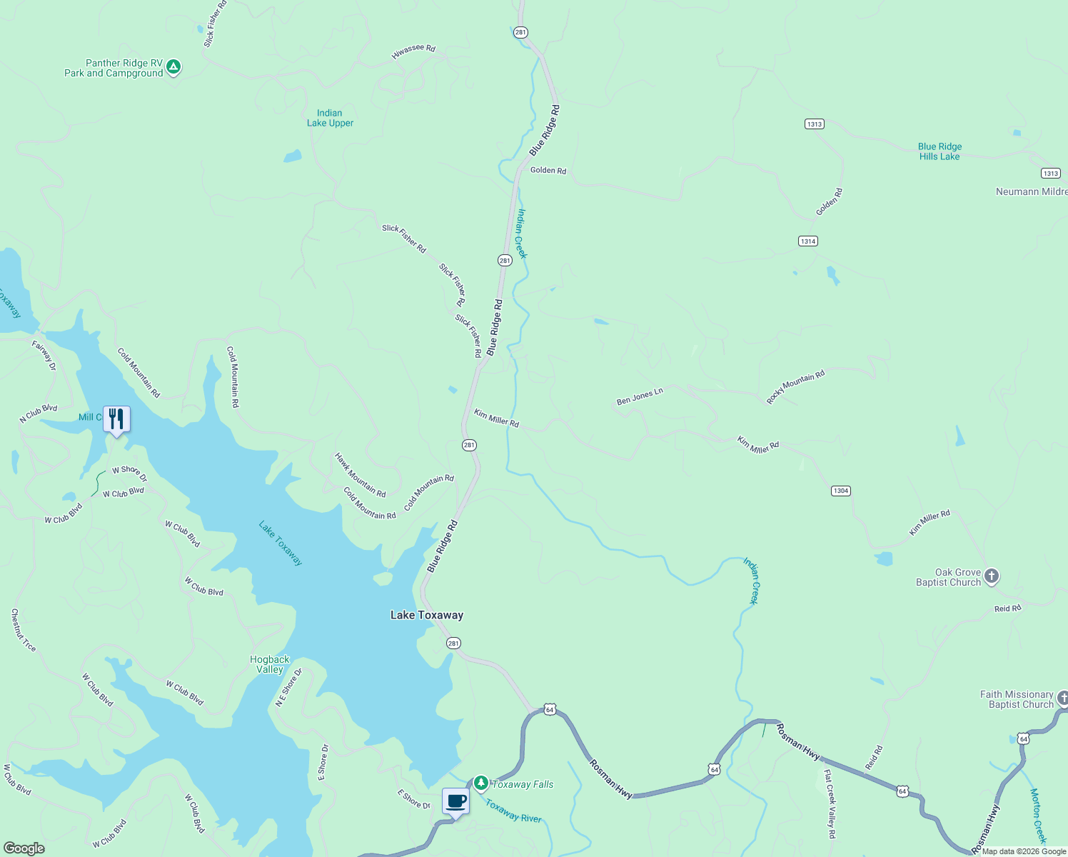 map of restaurants, bars, coffee shops, grocery stores, and more near 2773 Kim Miller Road in Lake Toxaway