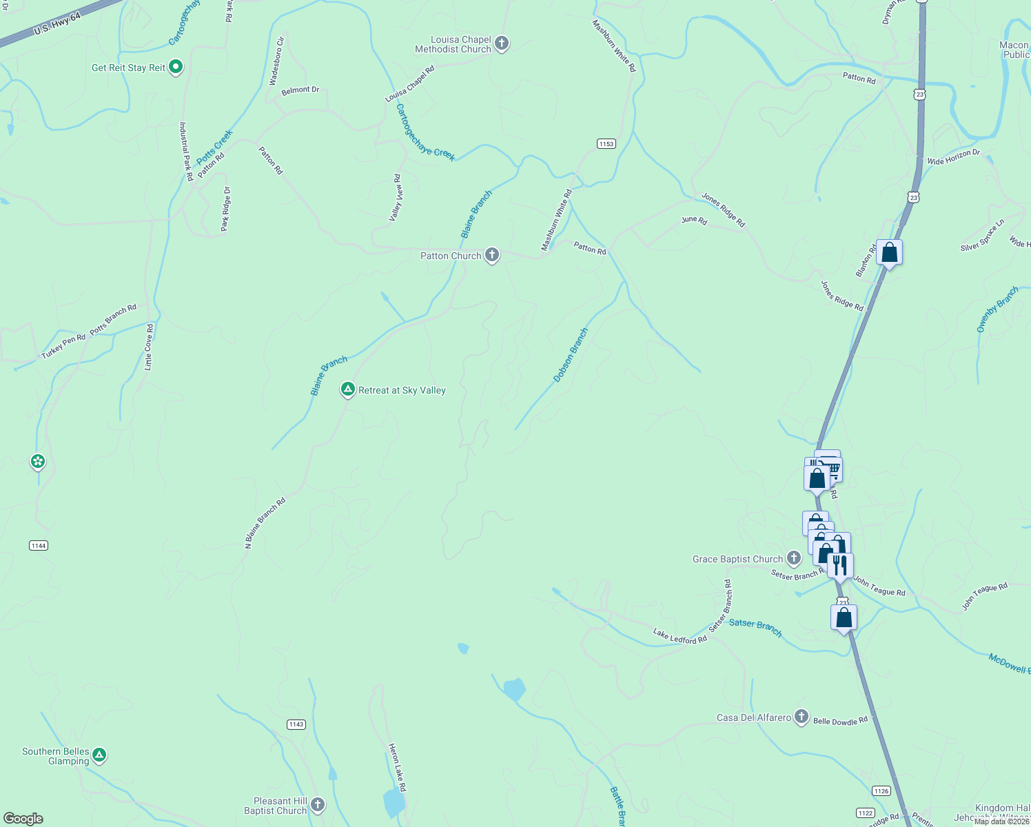map of restaurants, bars, coffee shops, grocery stores, and more near 590 Patton Road in Franklin