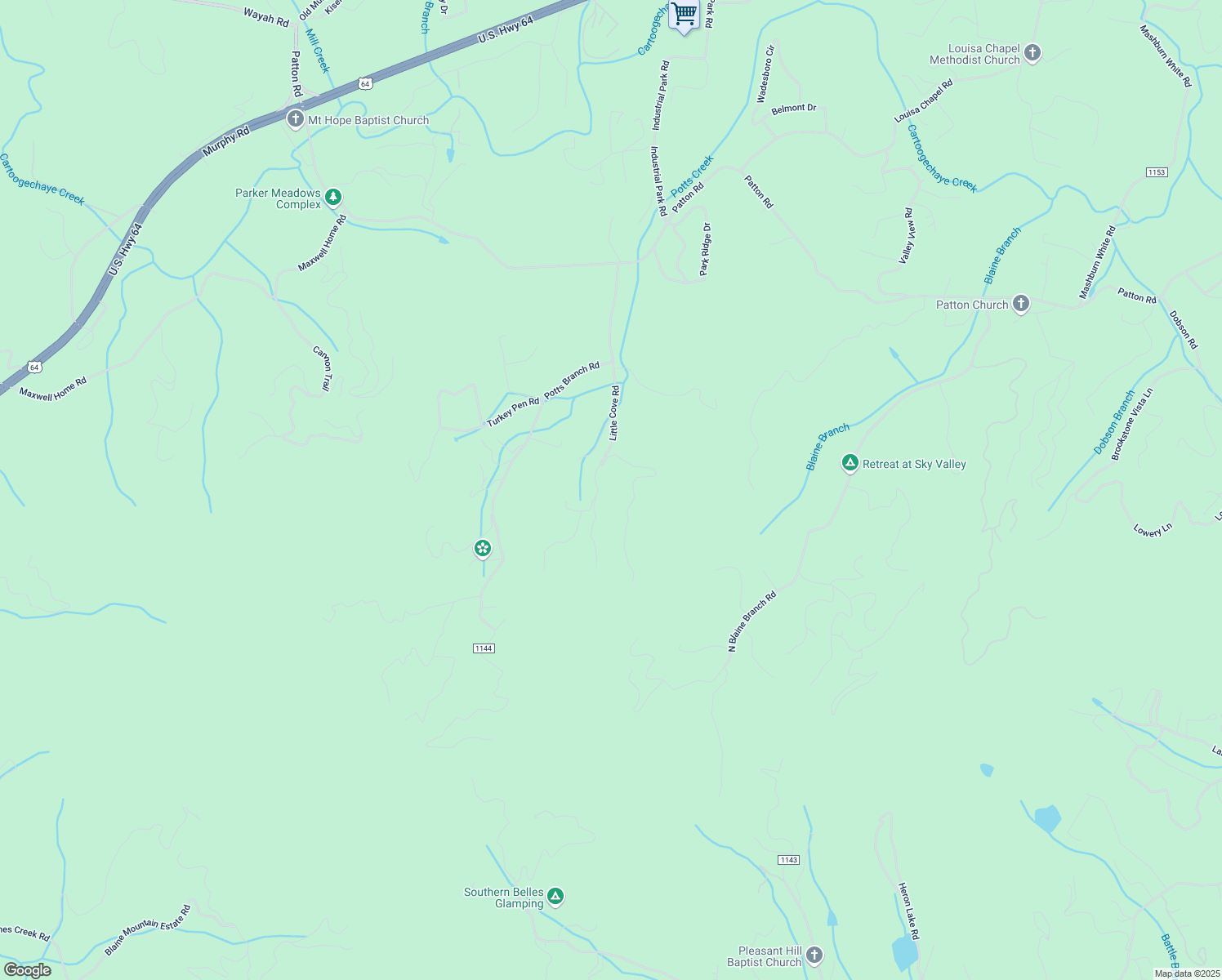 map of restaurants, bars, coffee shops, grocery stores, and more near Little Cove Road in Macon County