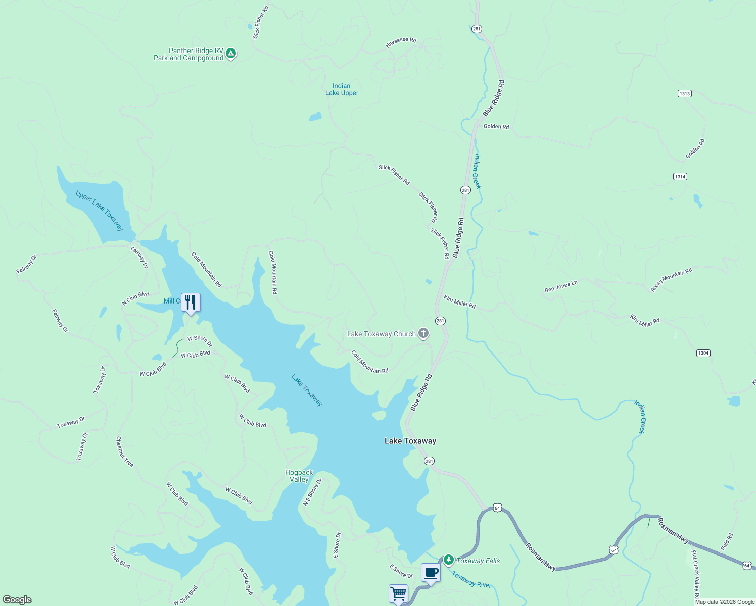 map of restaurants, bars, coffee shops, grocery stores, and more near 38 Hawk Mountain Road in Lake Toxaway