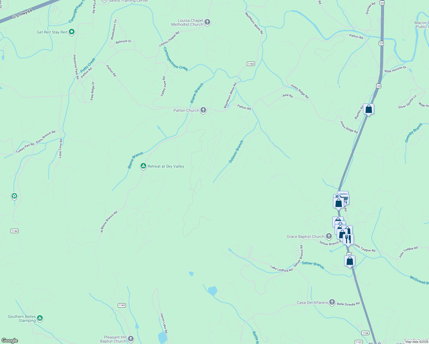 map of restaurants, bars, coffee shops, grocery stores, and more near 590 Patton Road in Franklin