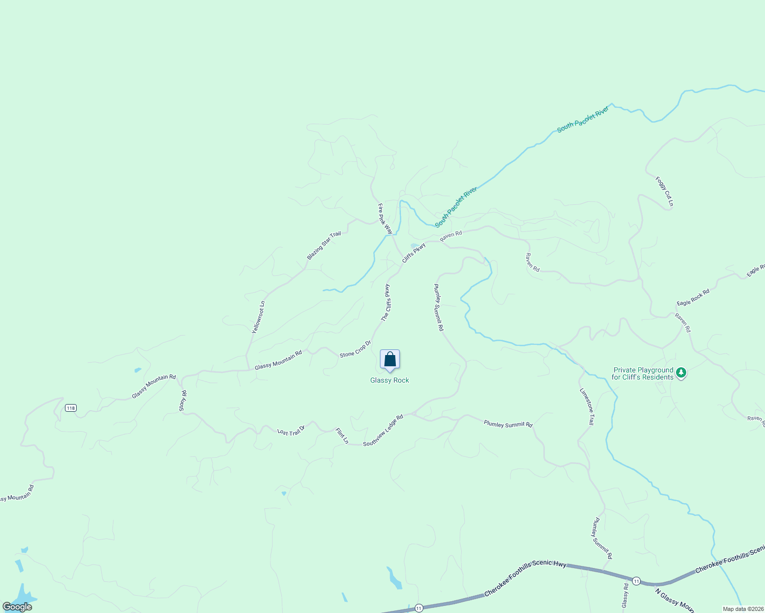 map of restaurants, bars, coffee shops, grocery stores, and more near 66 The Cliffs Parkway in Landrum