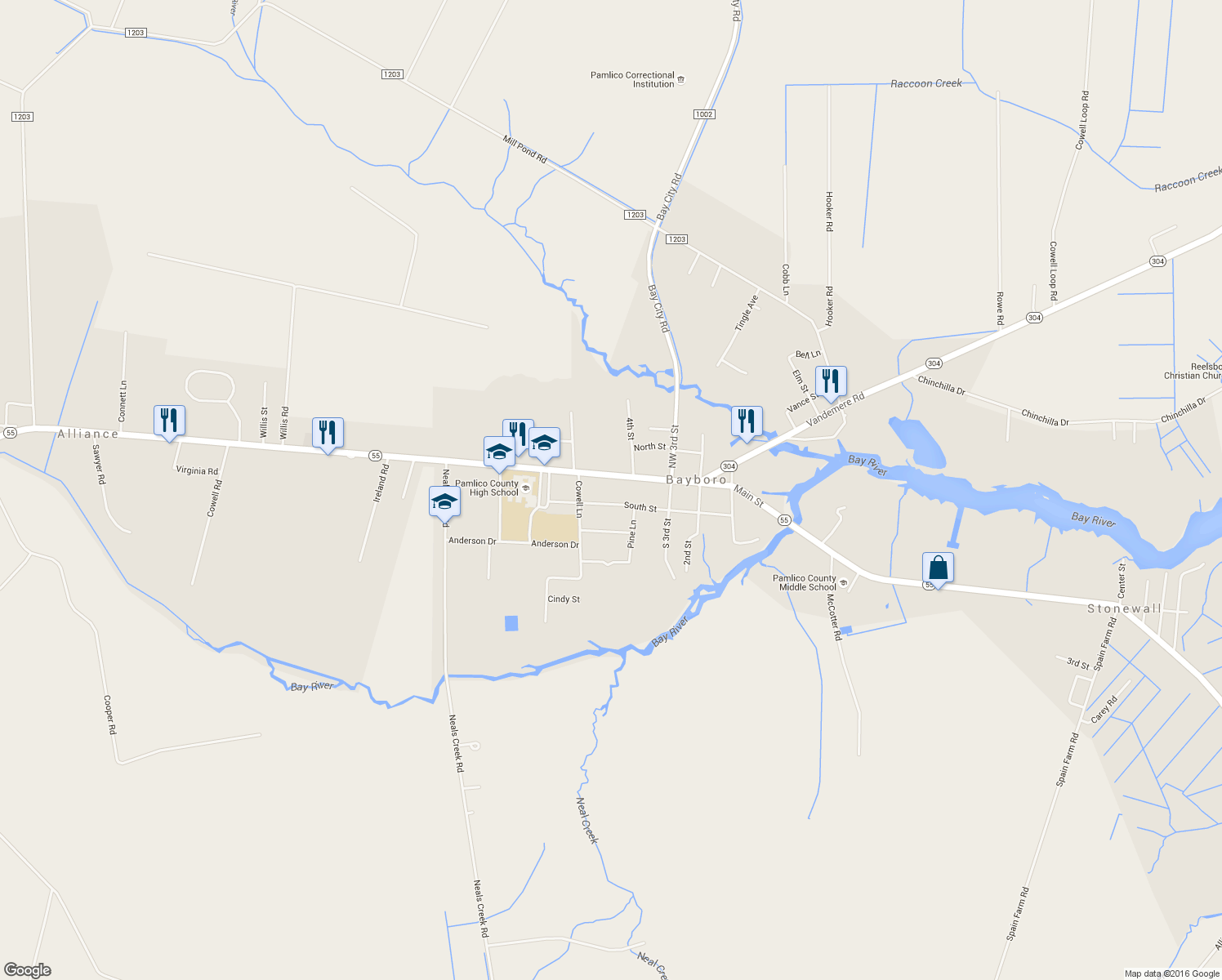 map of restaurants, bars, coffee shops, grocery stores, and more near 407 Main Street in Bayboro