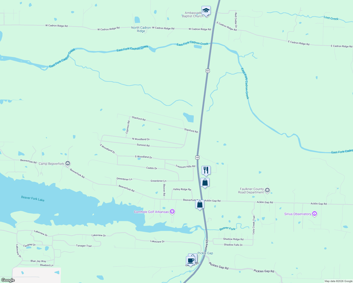 map of restaurants, bars, coffee shops, grocery stores, and more near 104 North Woodland Drive in Conway