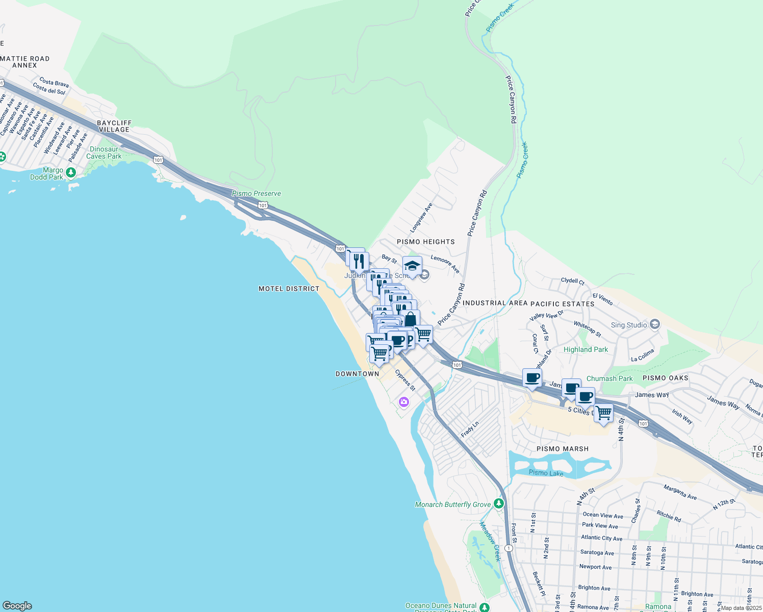 map of restaurants, bars, coffee shops, grocery stores, and more near 1051 Price Street in Pismo Beach