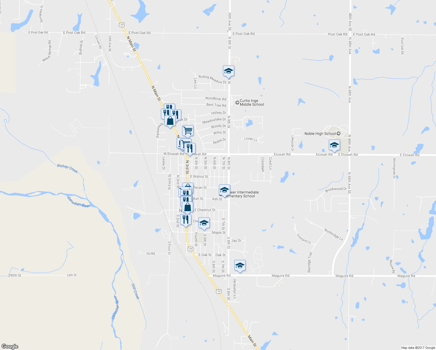 map of restaurants, bars, coffee shops, grocery stores, and more near 401 N 6th St in Noble