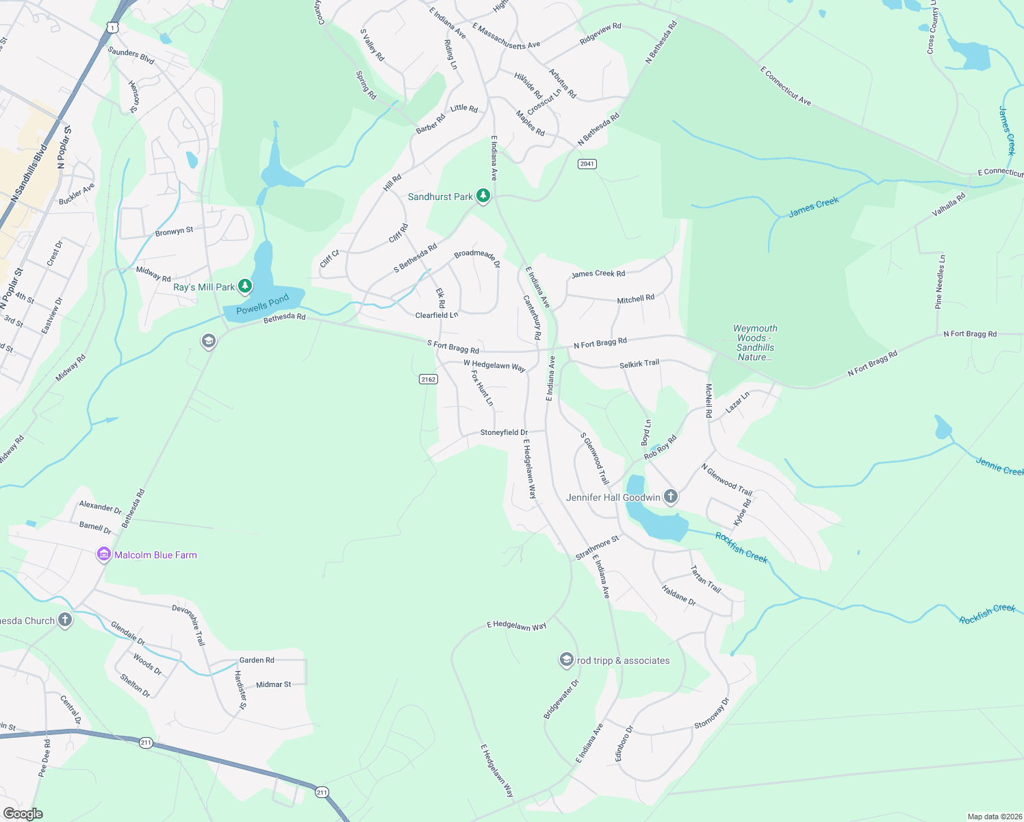 map of restaurants, bars, coffee shops, grocery stores, and more near 130 Hillwood Court in Southern Pines