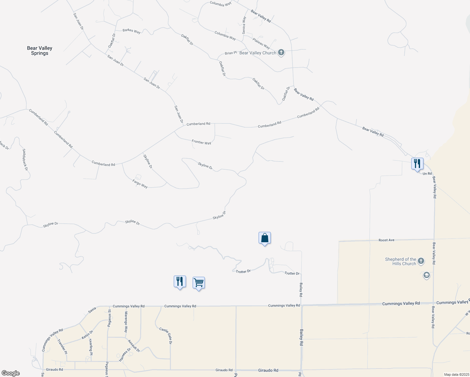 map of restaurants, bars, coffee shops, grocery stores, and more near 26501 Skyline Drive in Tehachapi
