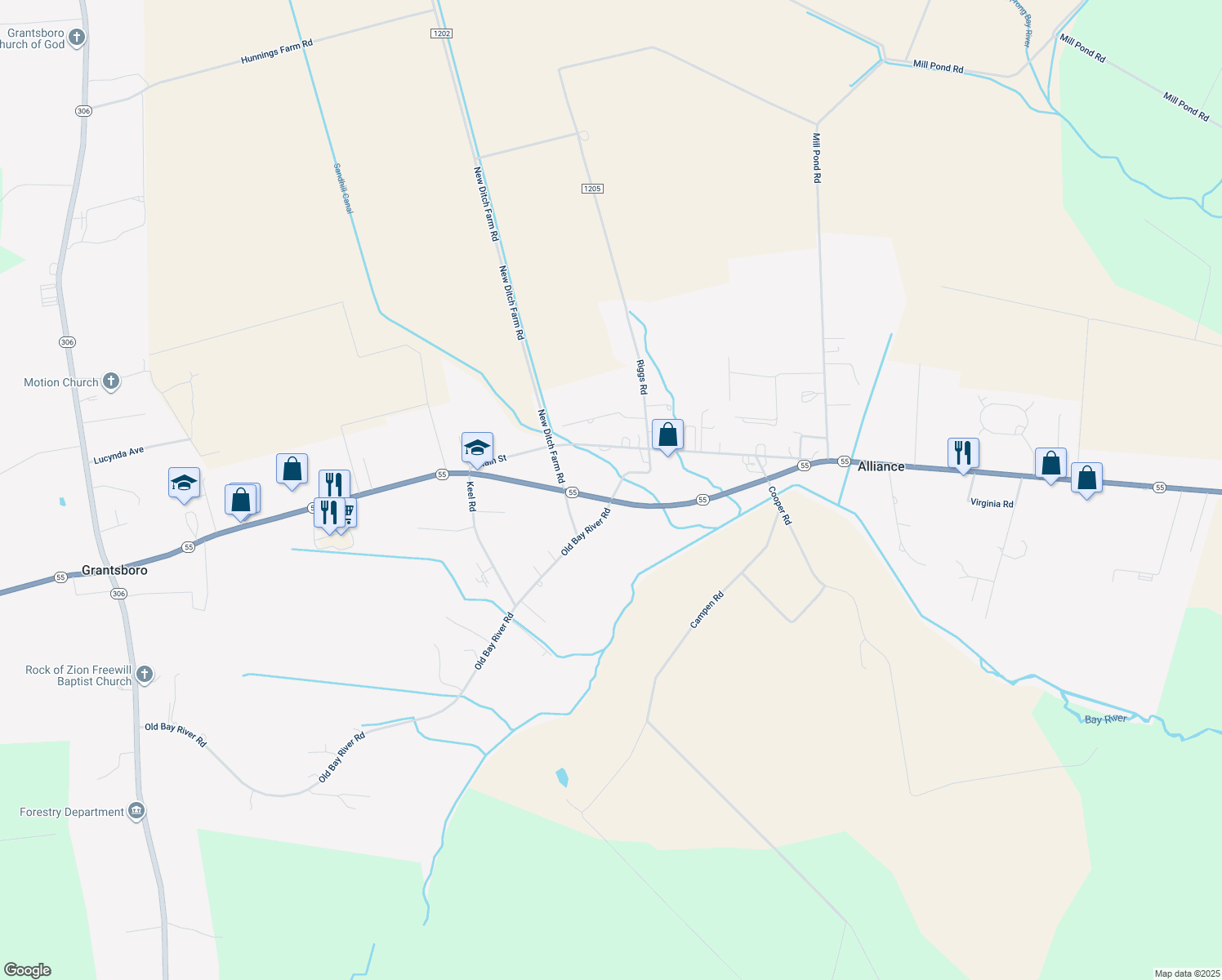 map of restaurants, bars, coffee shops, grocery stores, and more near 17 Courtland Drive in Grantsboro