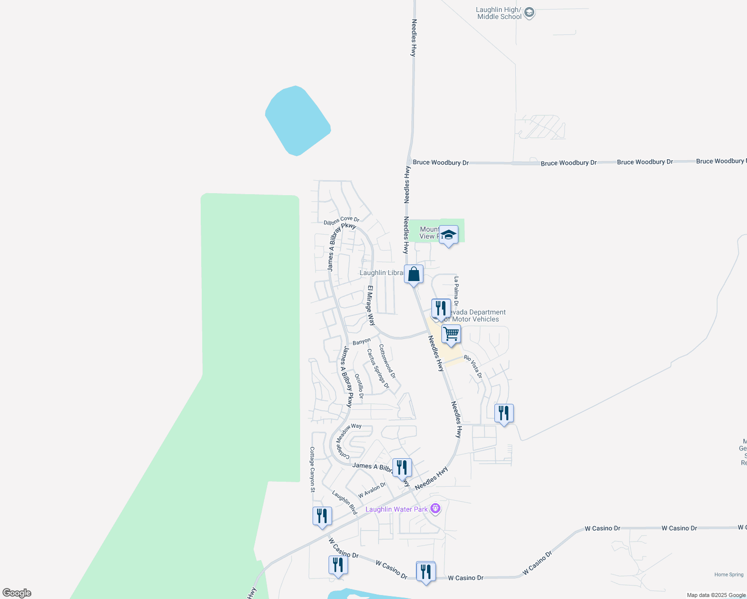 map of restaurants, bars, coffee shops, grocery stores, and more near 2915 Rippling Springs Street in Laughlin