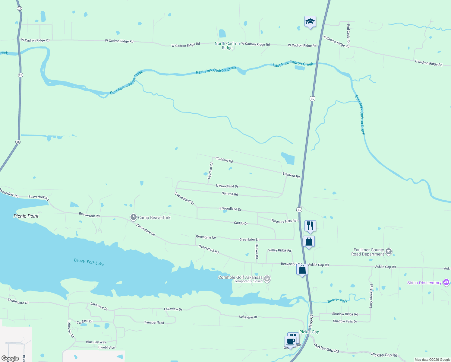 map of restaurants, bars, coffee shops, grocery stores, and more near 122 North Woodland Drive in Conway