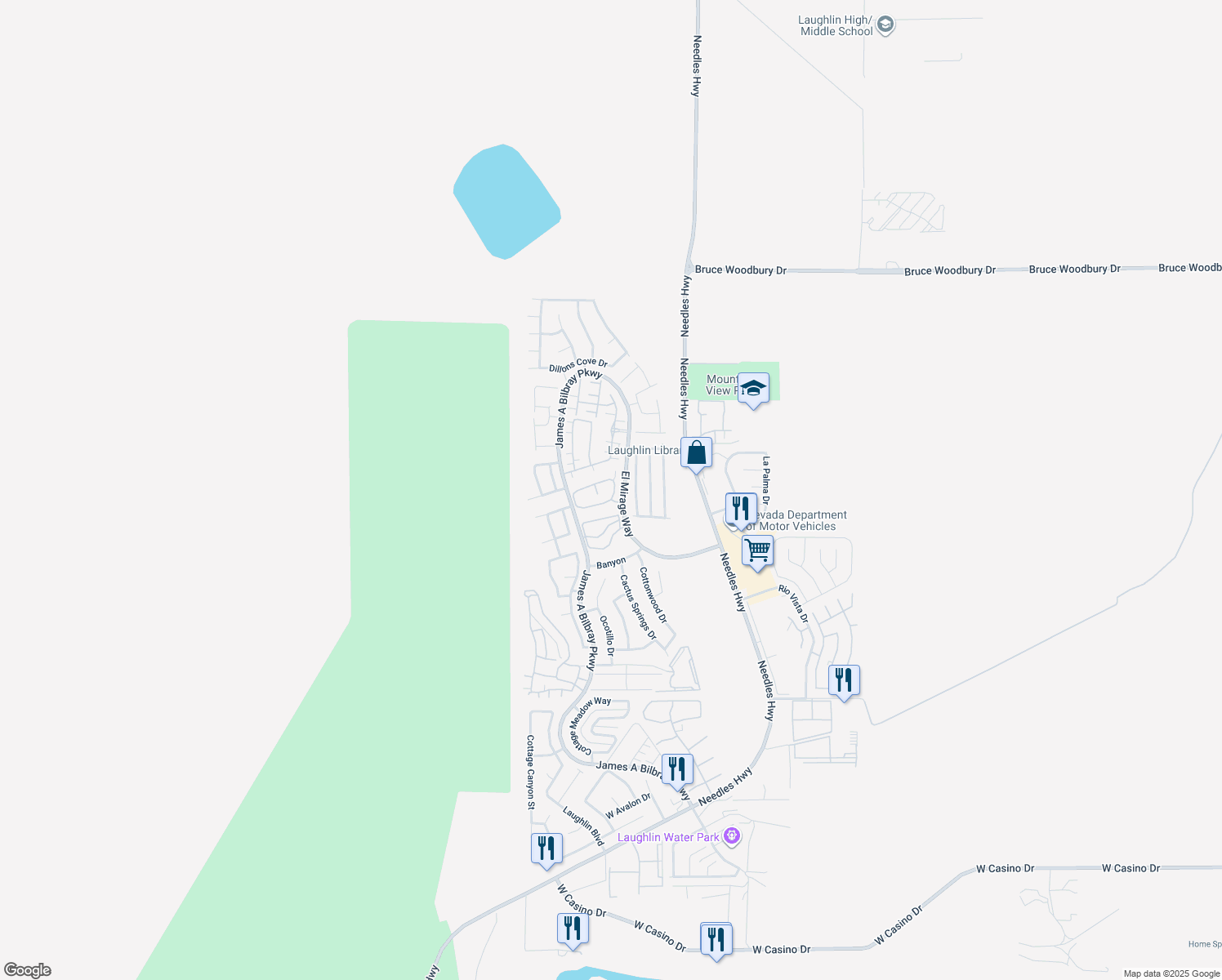map of restaurants, bars, coffee shops, grocery stores, and more near 2157 Camel Mesa Drive in Laughlin