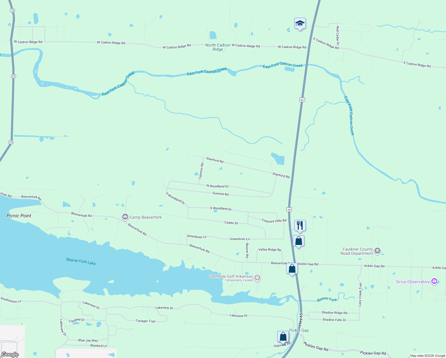 map of restaurants, bars, coffee shops, grocery stores, and more near 122 North Woodland Drive in Conway