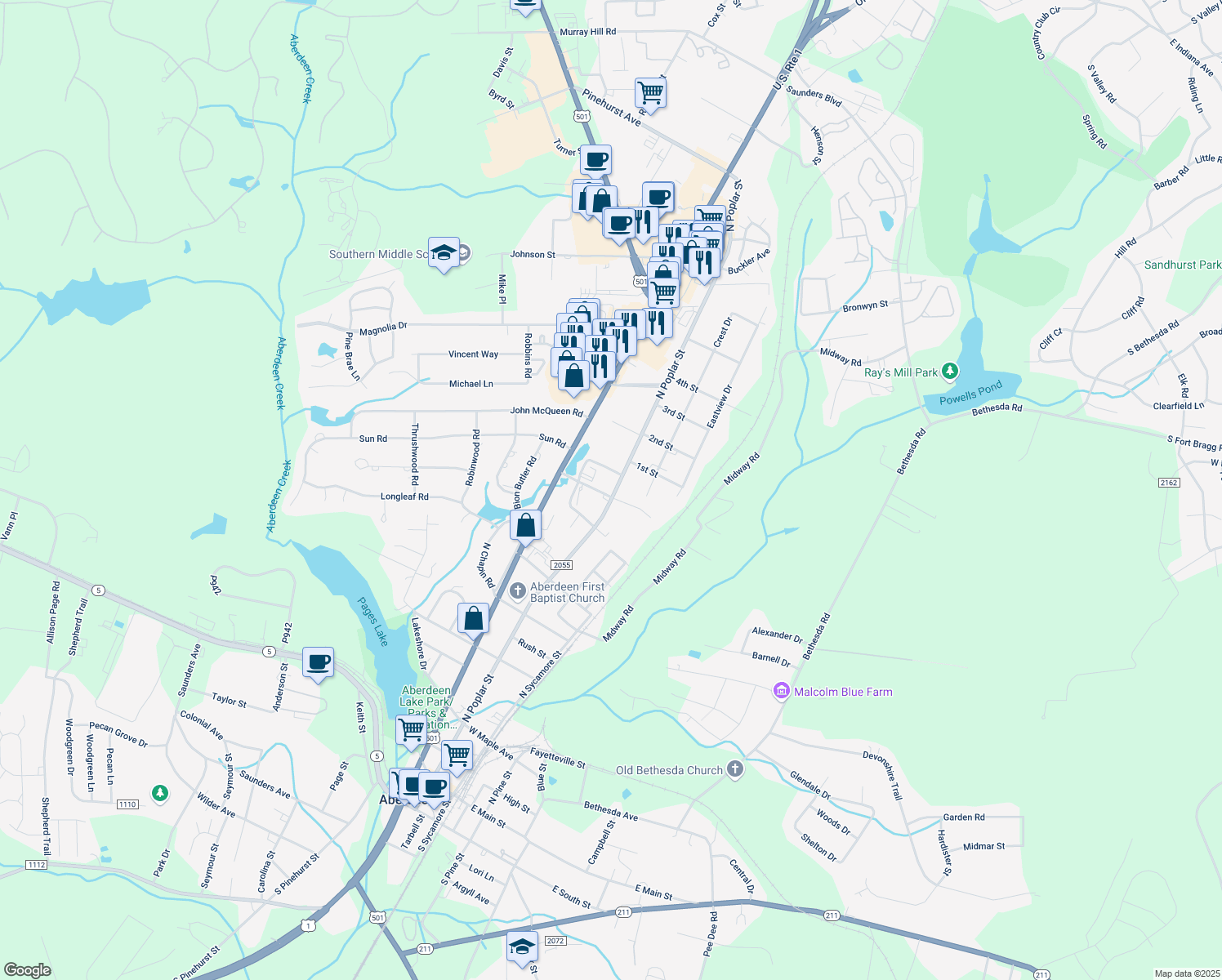map of restaurants, bars, coffee shops, grocery stores, and more near 1101 North Poplar Street in Aberdeen