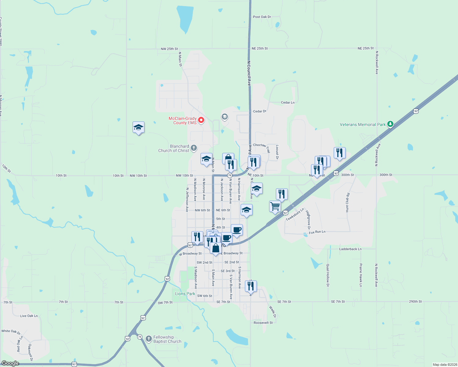 map of restaurants, bars, coffee shops, grocery stores, and more near 901 North Van Buren Avenue in Blanchard