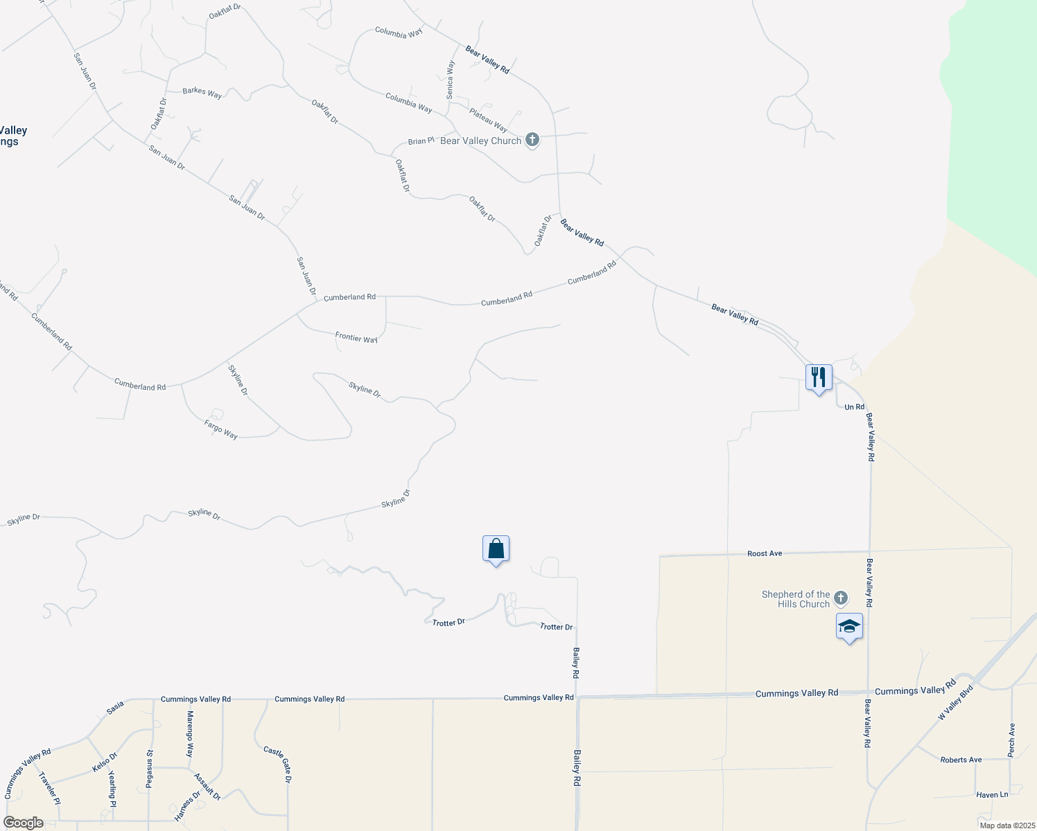 map of restaurants, bars, coffee shops, grocery stores, and more near 26200 Big Sky Court in Tehachapi