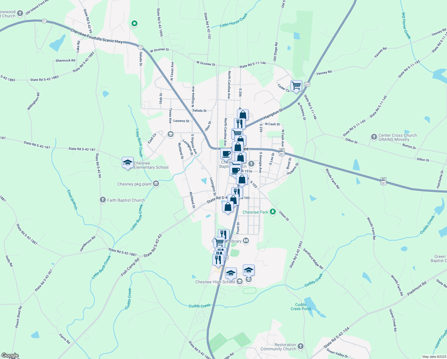 map of restaurants, bars, coffee shops, grocery stores, and more near 308 S Florida Ave in Chesnee