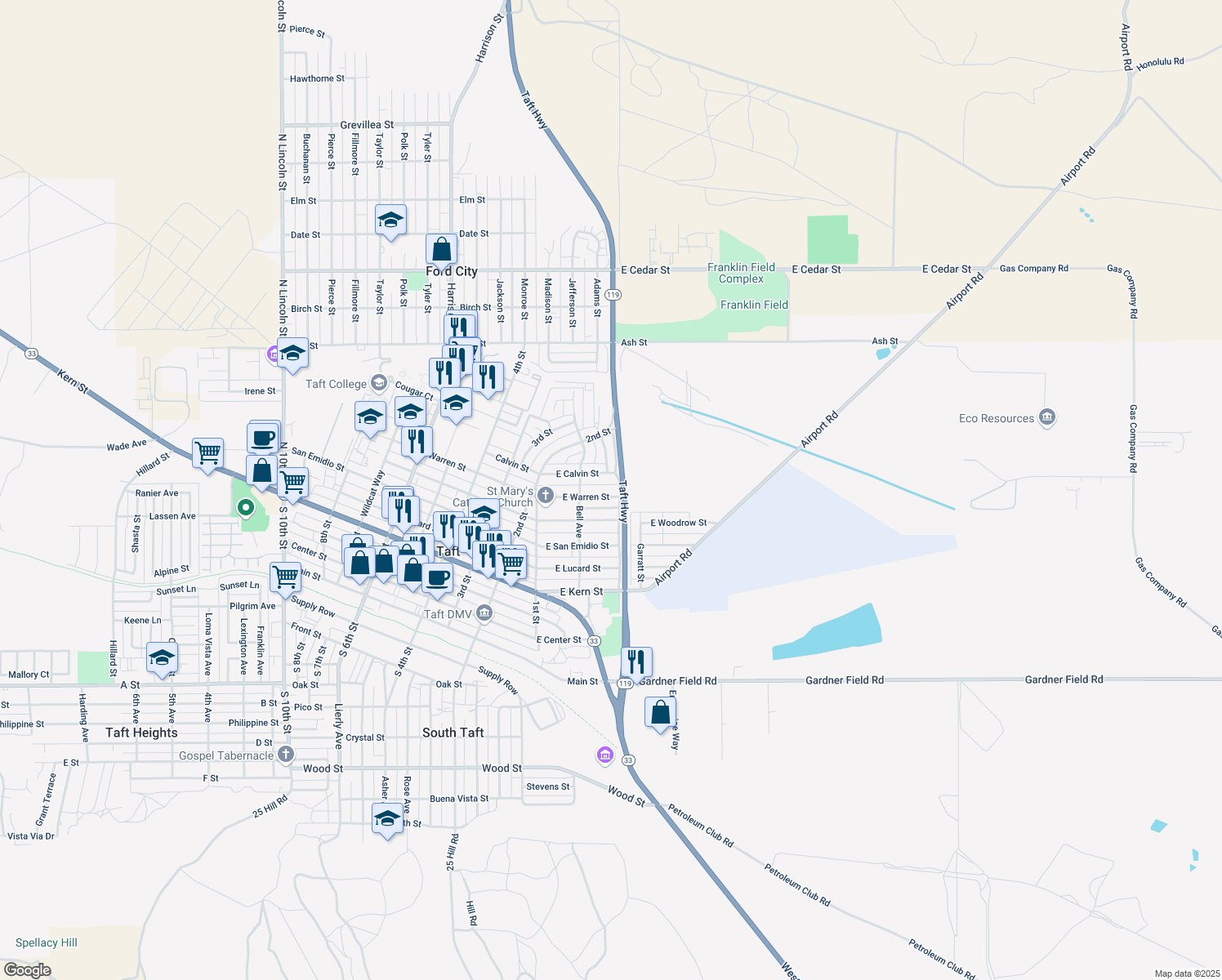 map of restaurants, bars, coffee shops, grocery stores, and more near 214 East Warren Street in Taft