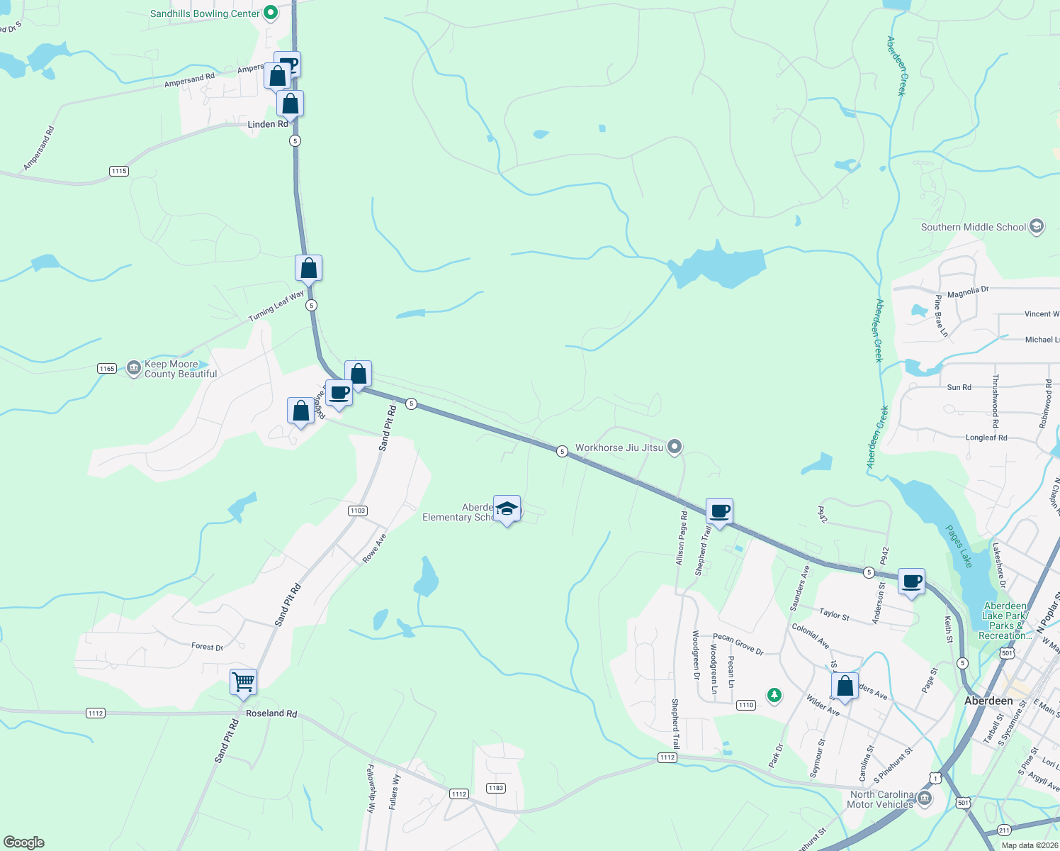 map of restaurants, bars, coffee shops, grocery stores, and more near Highway 5 in Aberdeen