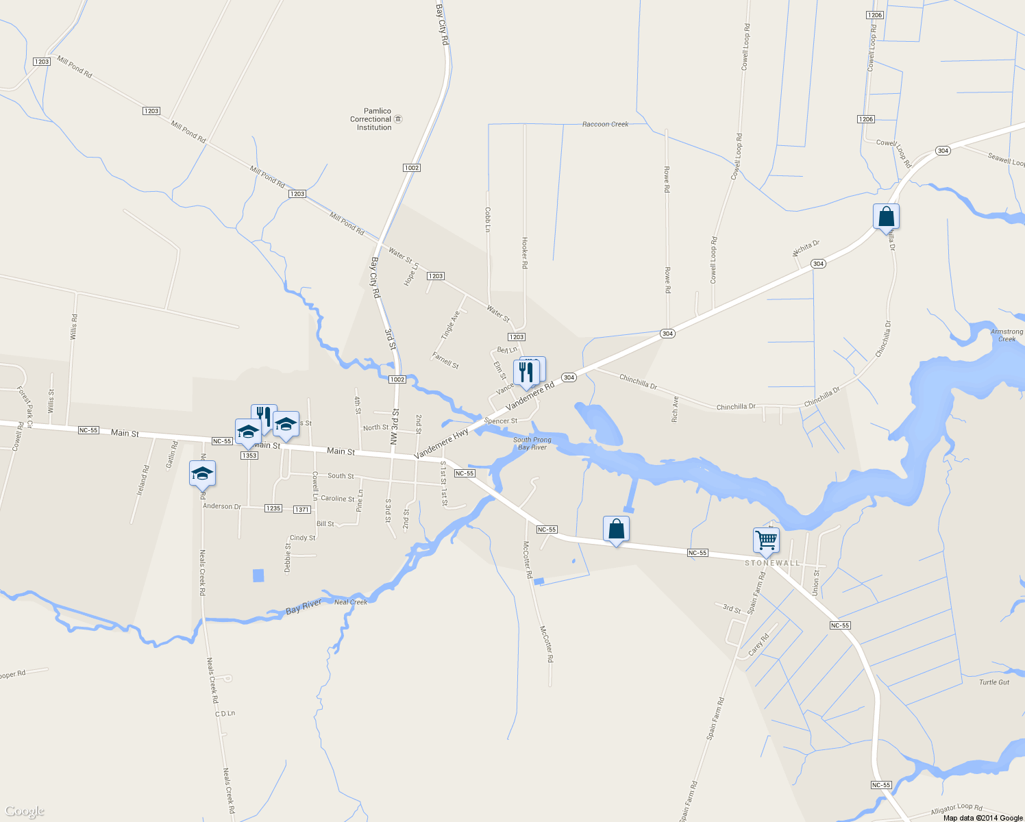 map of restaurants, bars, coffee shops, grocery stores, and more near 407 Vandemere Road in Bayboro