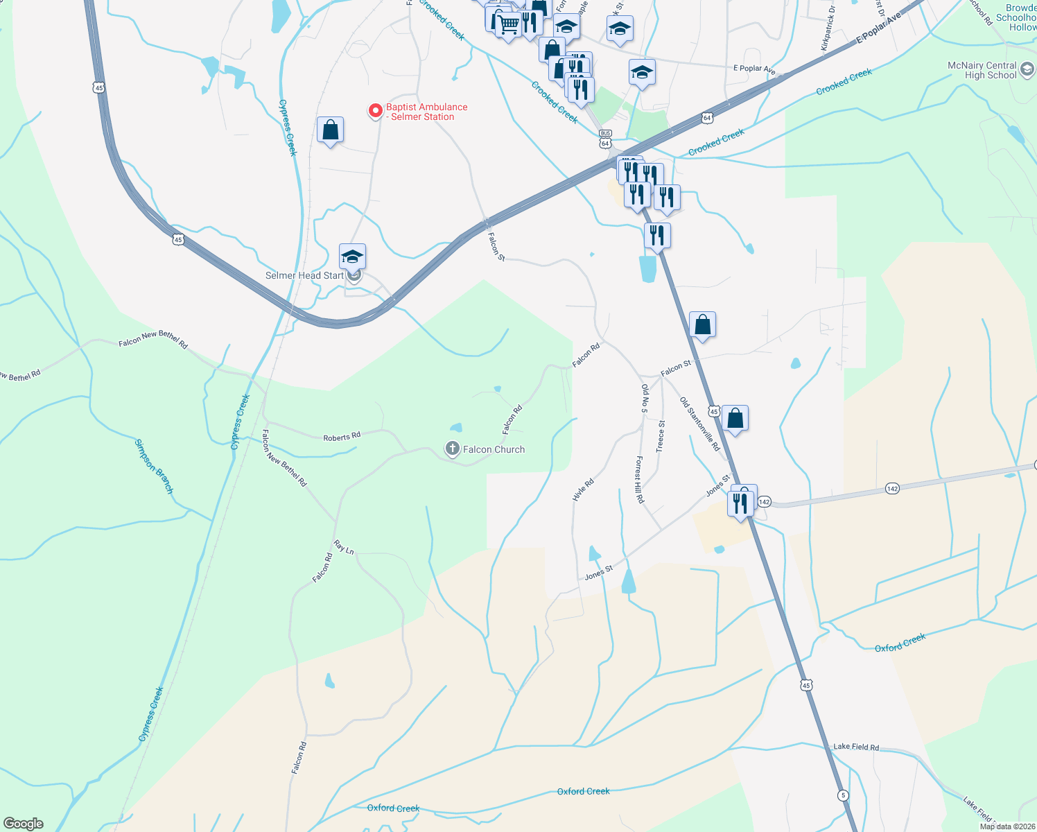 map of restaurants, bars, coffee shops, grocery stores, and more near 450 Falcon Rd in Selmer