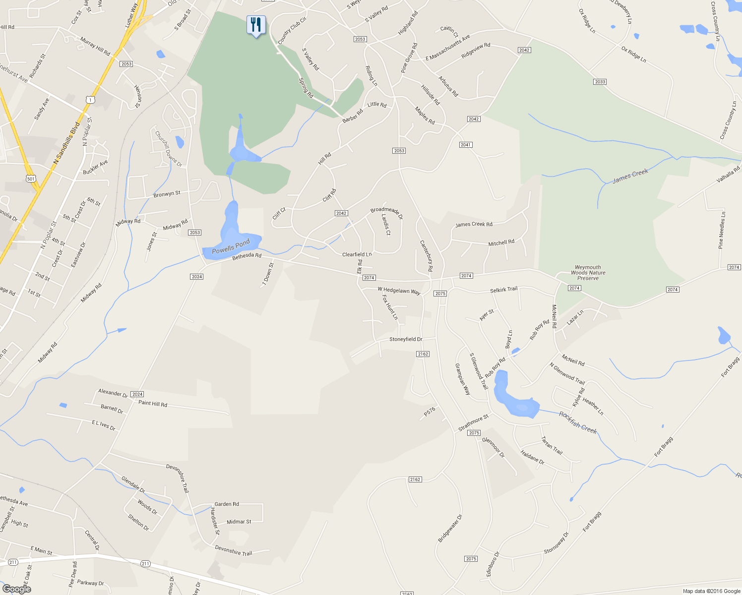 map of restaurants, bars, coffee shops, grocery stores, and more near 615 Elk Road in Southern Pines