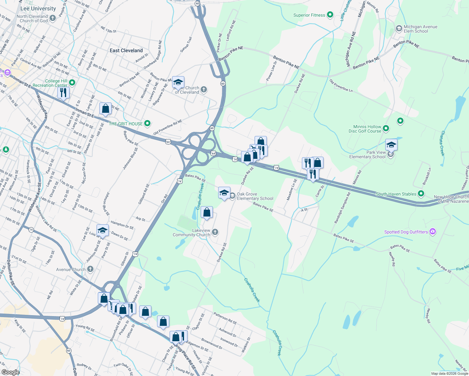 map of restaurants, bars, coffee shops, grocery stores, and more near 2885 Bates Pike Southeast in Cleveland