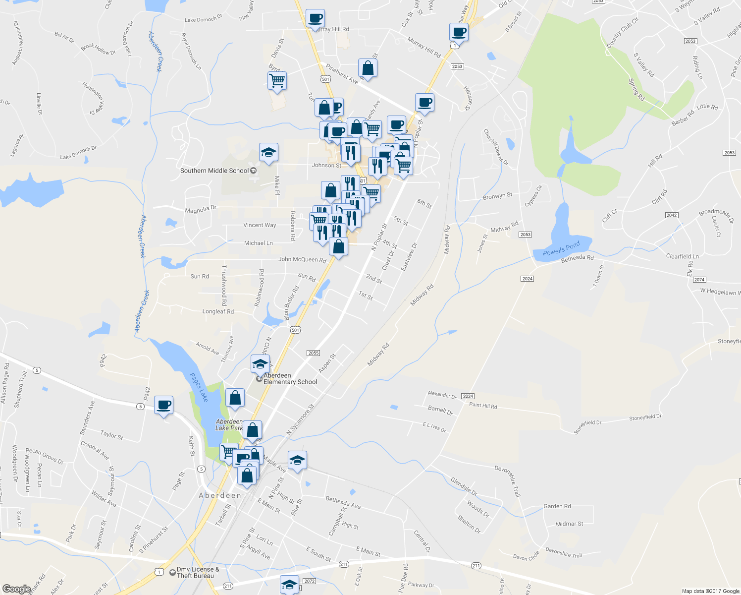 map of restaurants, bars, coffee shops, grocery stores, and more near 1st Street in Aberdeen