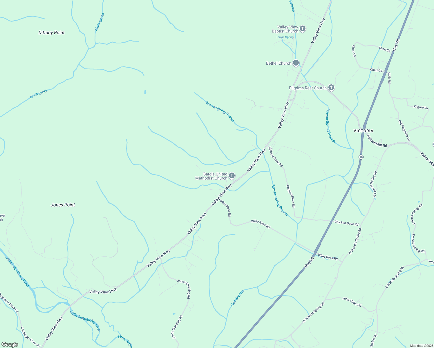 map of restaurants, bars, coffee shops, grocery stores, and more near 240 Sardis Church Road in Whitwell