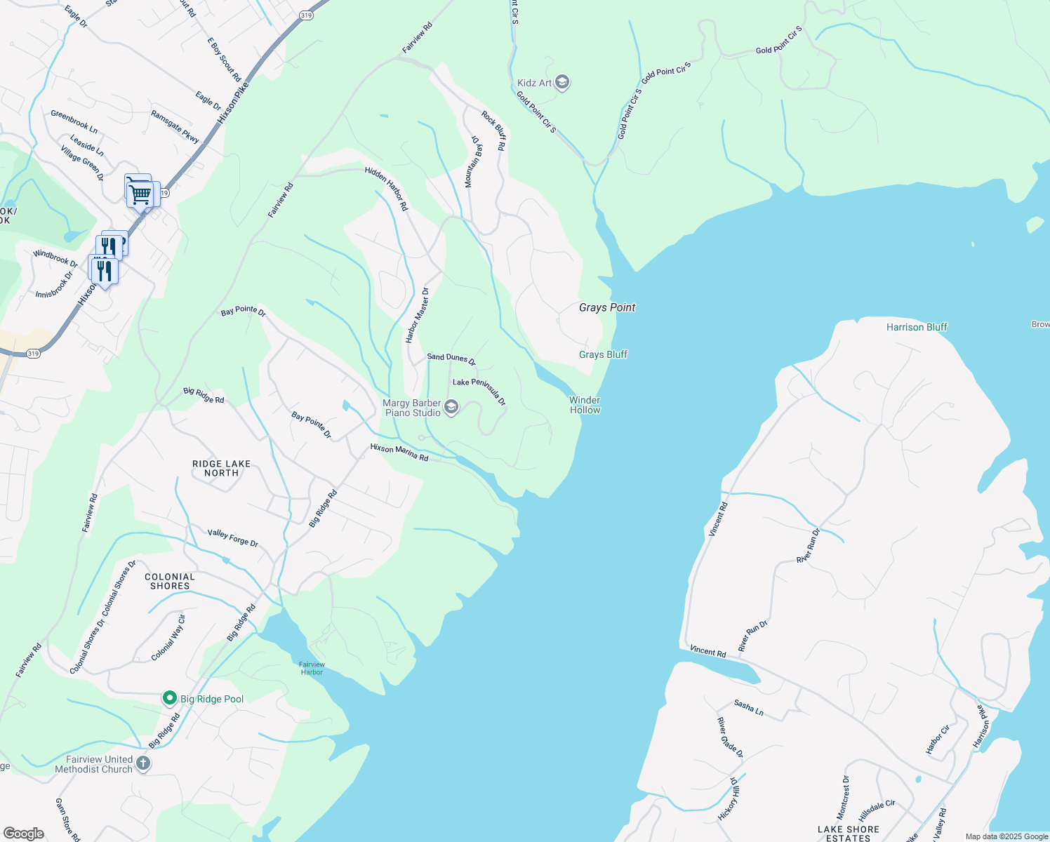 map of restaurants, bars, coffee shops, grocery stores, and more near 6525 Shelter Cove Drive in Hamilton