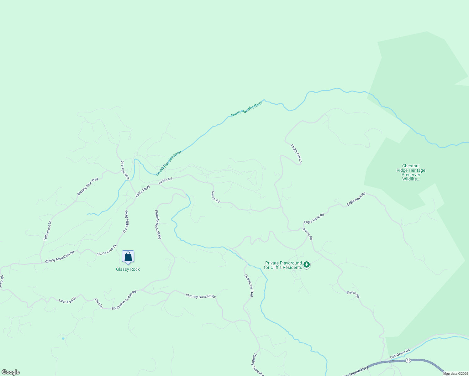 map of restaurants, bars, coffee shops, grocery stores, and more near 29 May Apple Way in Landrum
