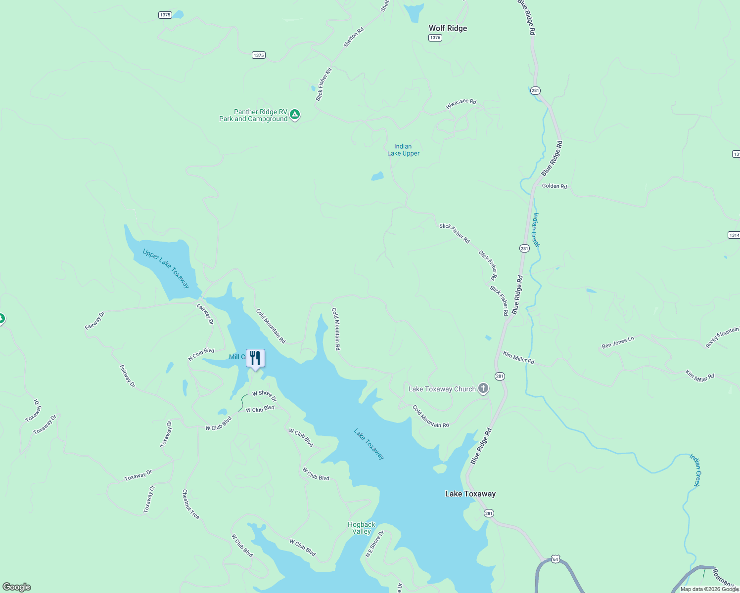 map of restaurants, bars, coffee shops, grocery stores, and more near 98 Hawk Mountain Road in Lake Toxaway