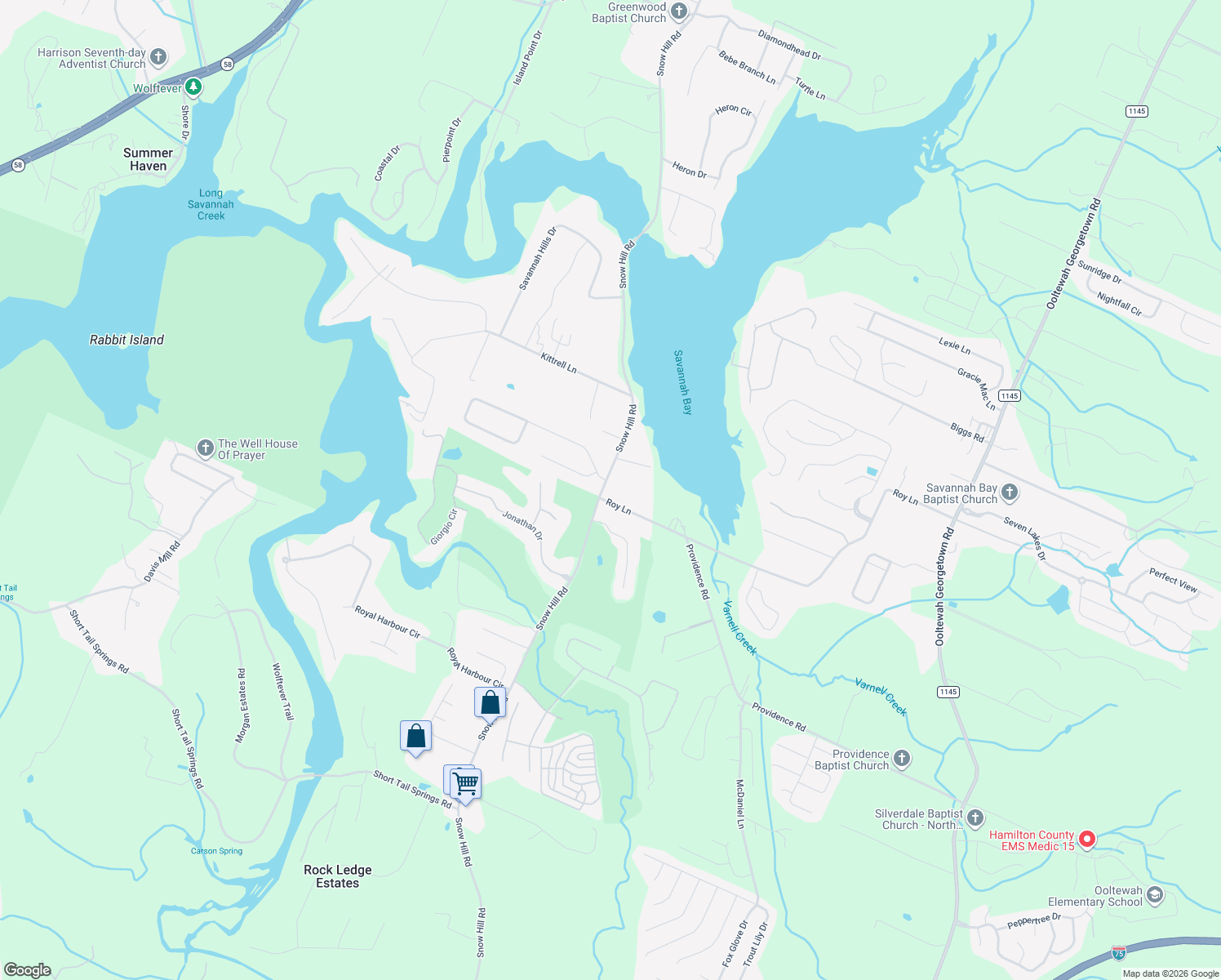 map of restaurants, bars, coffee shops, grocery stores, and more near 7904 Snow Hill Rd in Ooltewah