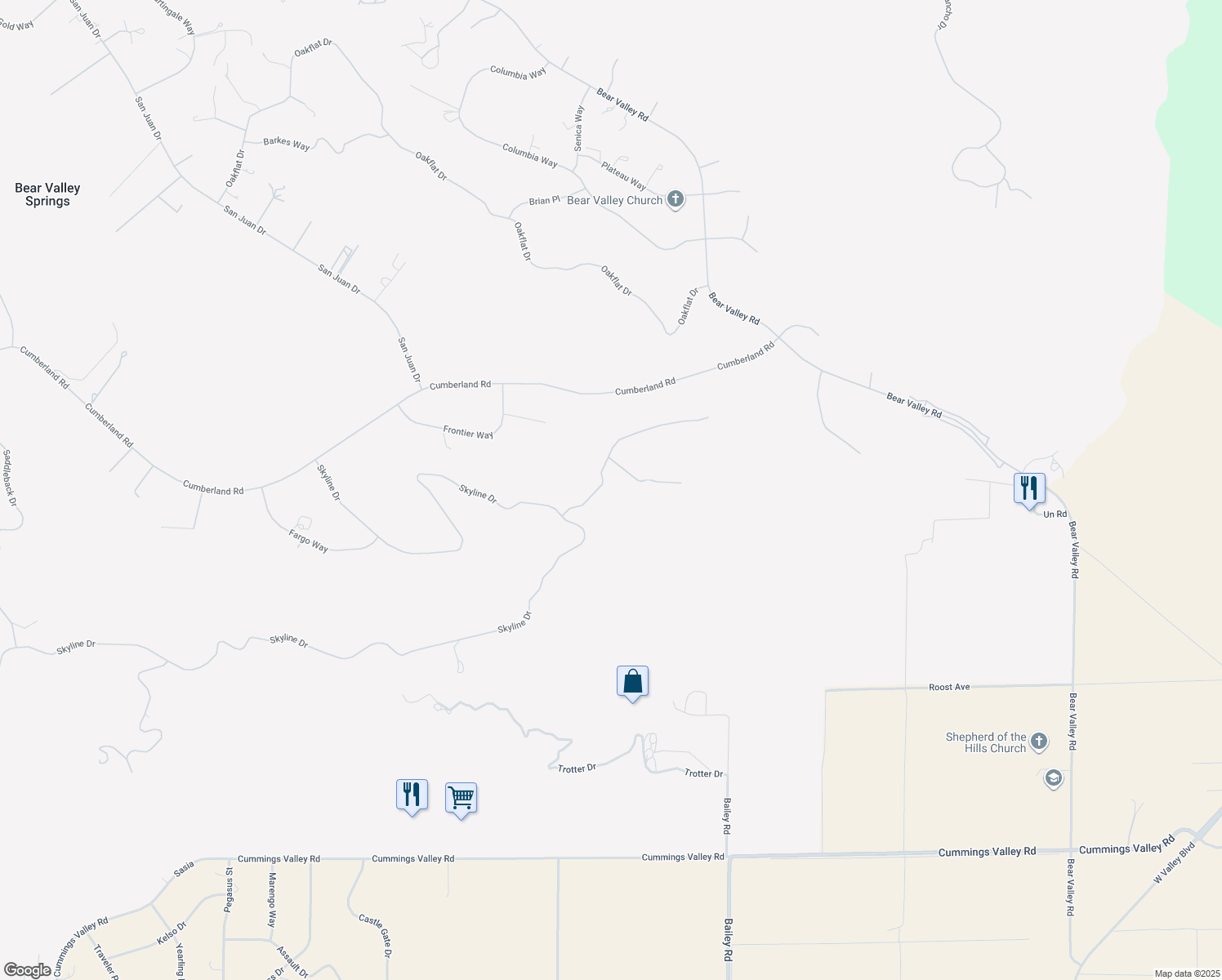 map of restaurants, bars, coffee shops, grocery stores, and more near 22600 Shenandoah Place in Tehachapi