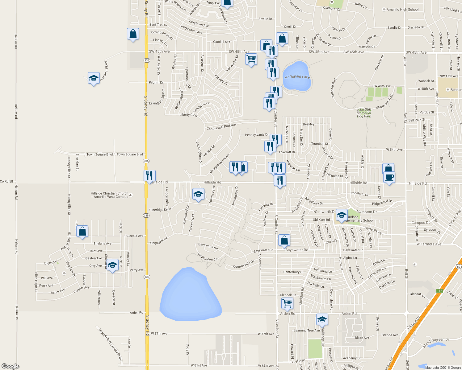 map of restaurants, bars, coffee shops, grocery stores, and more near 6001 Riley Elizabeth Place in Amarillo