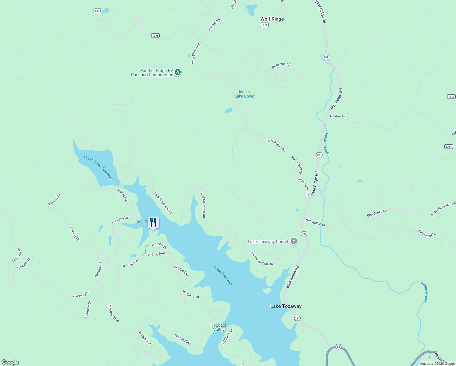map of restaurants, bars, coffee shops, grocery stores, and more near 98 Hawk Mountain Road in Lake Toxaway