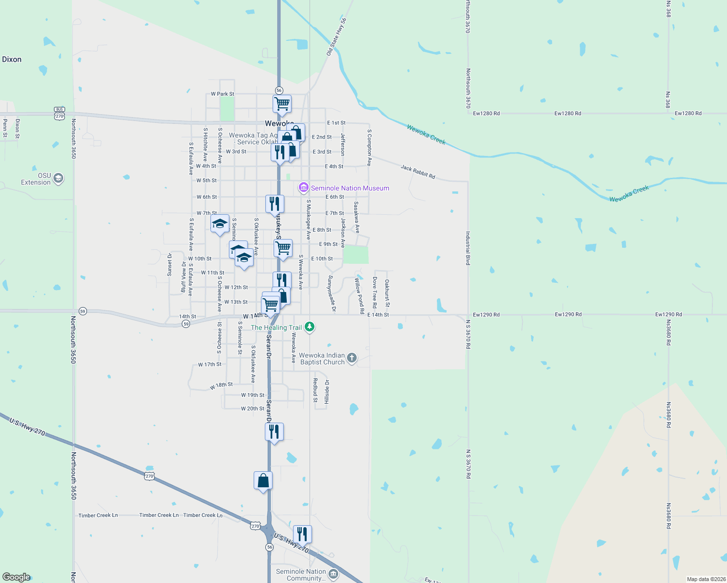 map of restaurants, bars, coffee shops, grocery stores, and more near 1030 Willow Pond Road in Wewoka