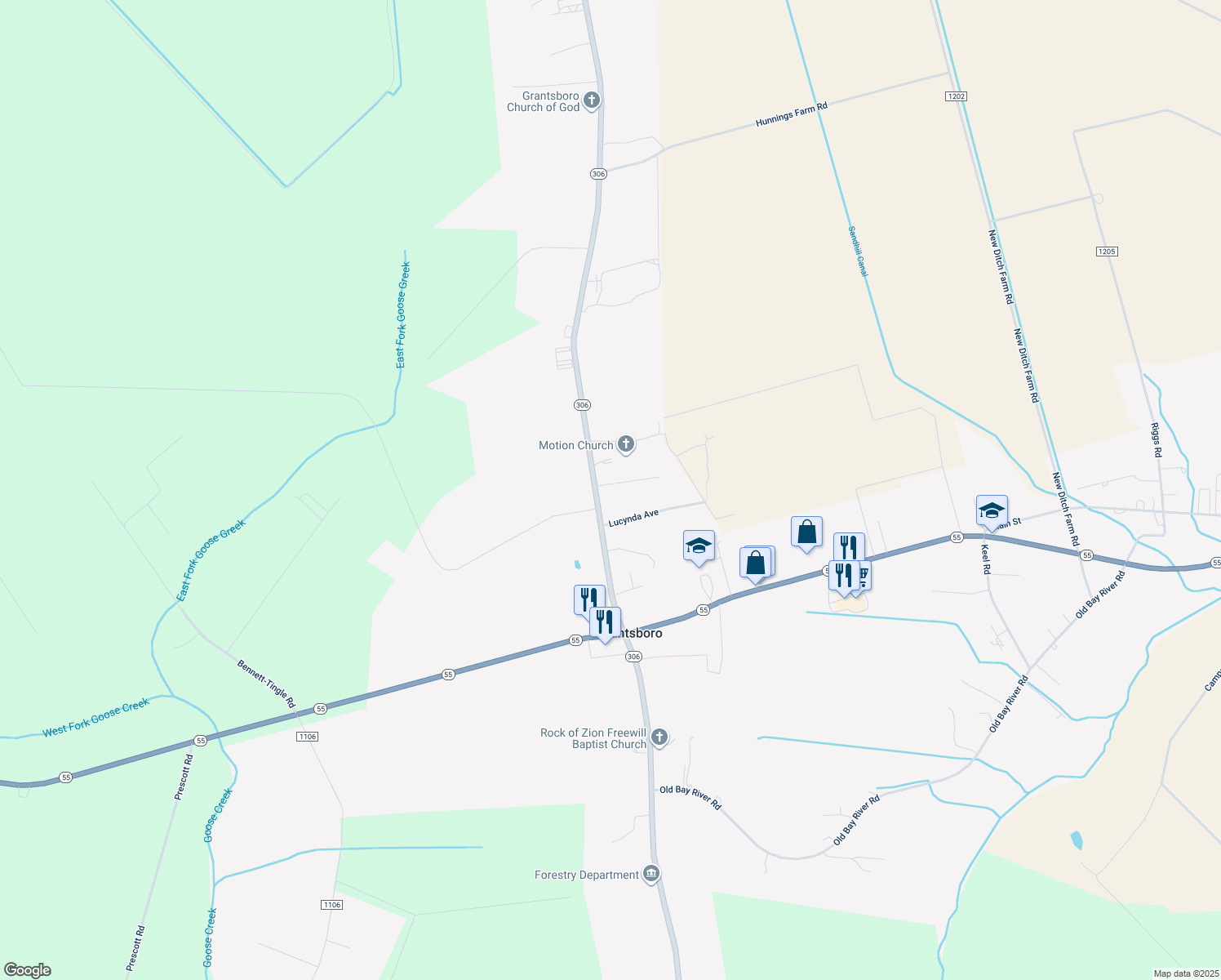 map of restaurants, bars, coffee shops, grocery stores, and more near 424 North Carolina 306 in Grantsboro