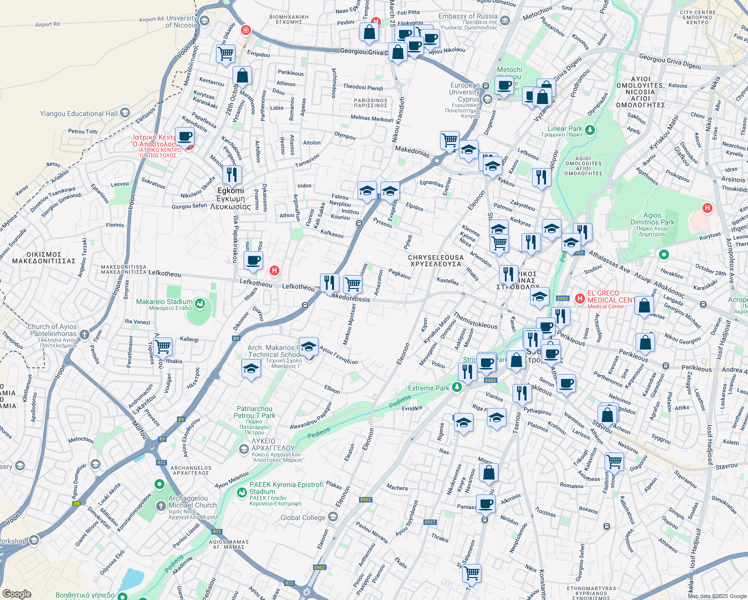 map of restaurants, bars, coffee shops, grocery stores, and more near Makedonitissis in Strovolos