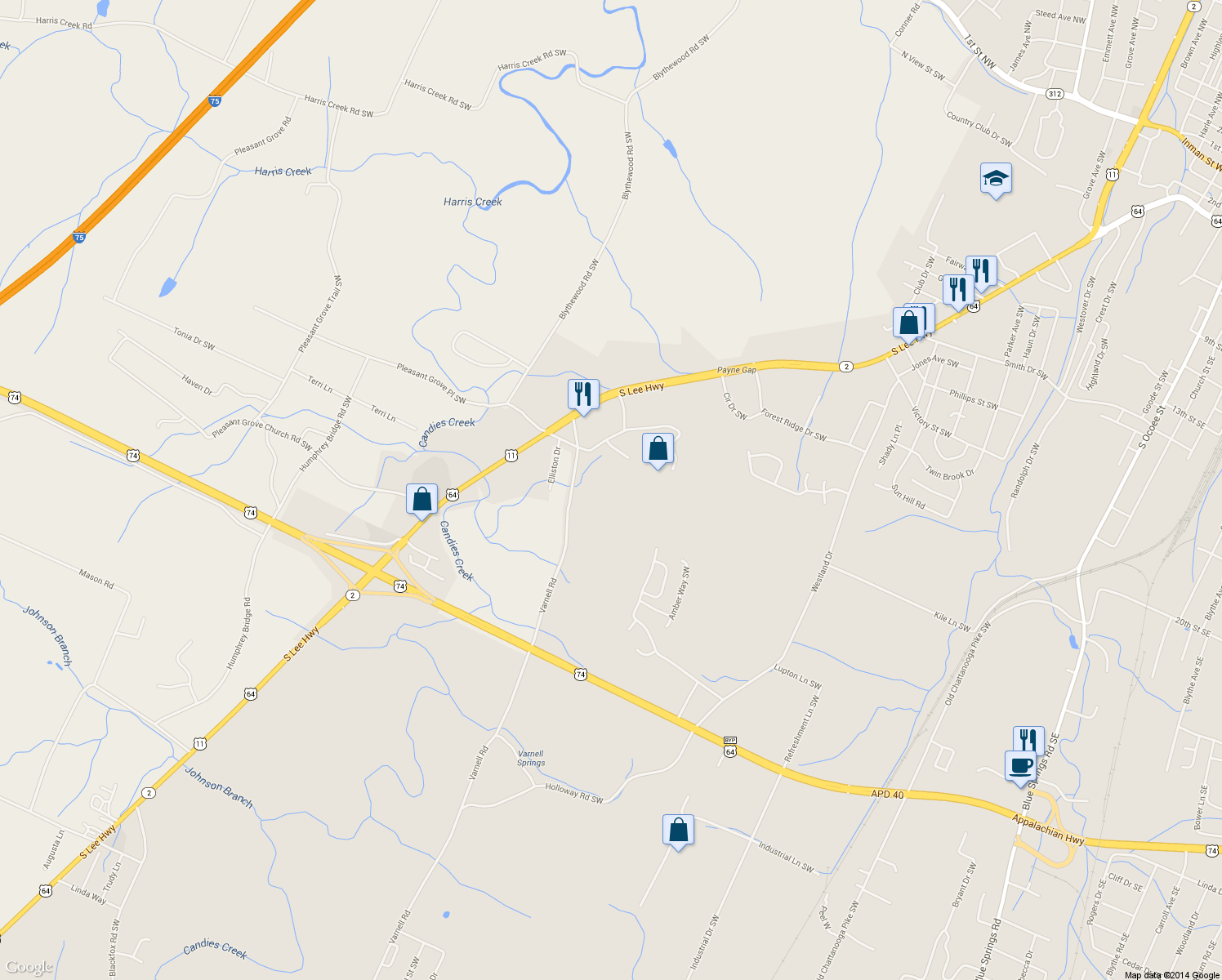 map of restaurants, bars, coffee shops, grocery stores, and more near 2305 Varnell Road in Cleveland