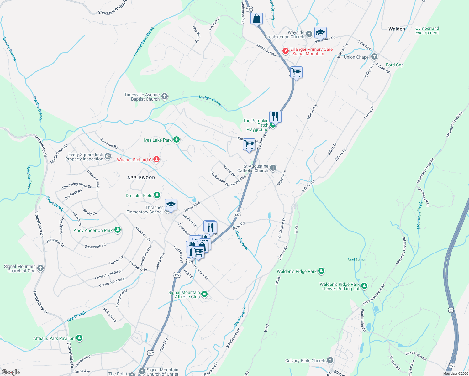 map of restaurants, bars, coffee shops, grocery stores, and more near 1702 James Boulevard in Signal Mountain