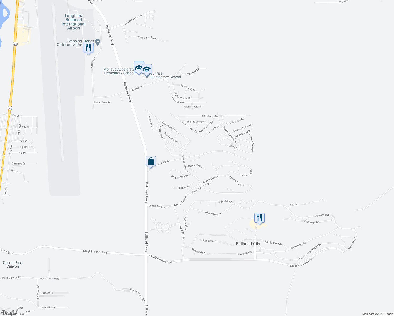 map of restaurants, bars, coffee shops, grocery stores, and more near 2873 Via San Marino in Bullhead City