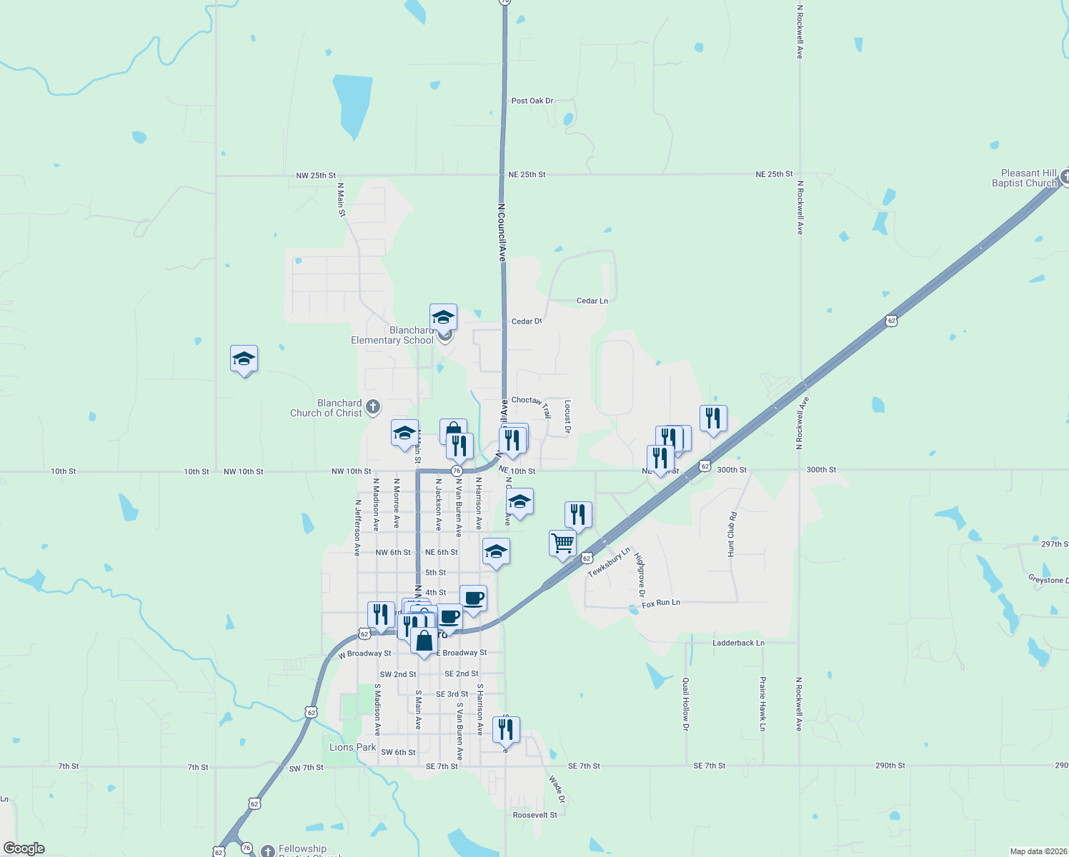 map of restaurants, bars, coffee shops, grocery stores, and more near 612 Sycamore Court in Blanchard