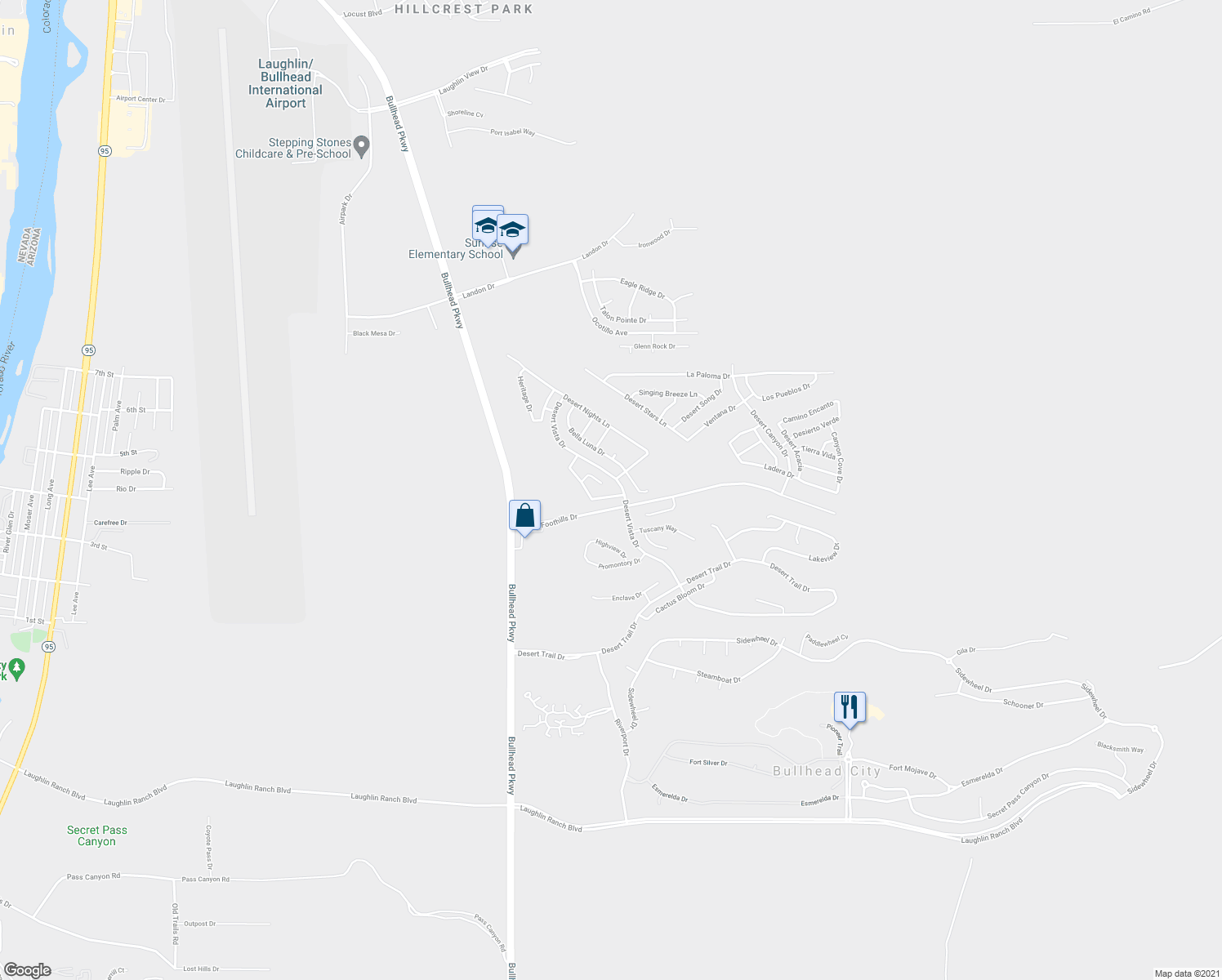 map of restaurants, bars, coffee shops, grocery stores, and more near 2713 Desert Flowers Drive in Bullhead City
